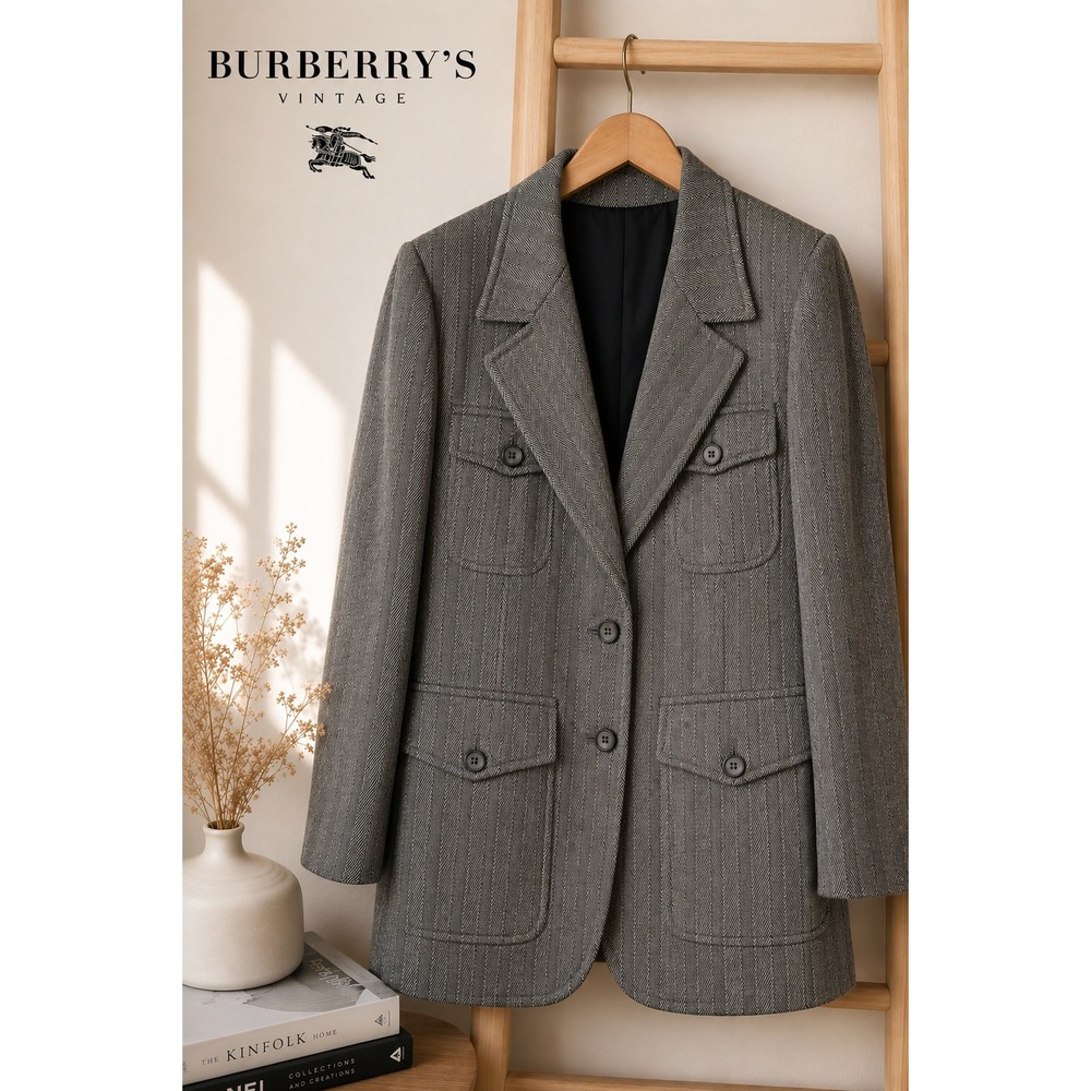 Vintage Burberry's Wool Herringbone Blazer Oversized 90s Academia USA Size 8